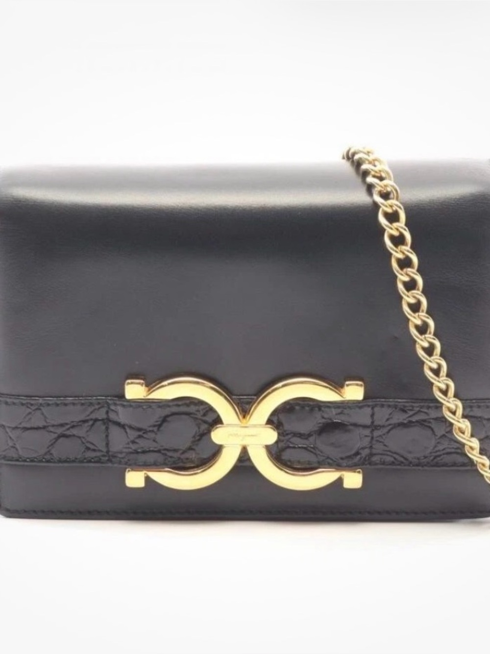 30 Salvatore Ferragamo Gancini Mini Crocodile Embossed Shoulder Bag Black COA